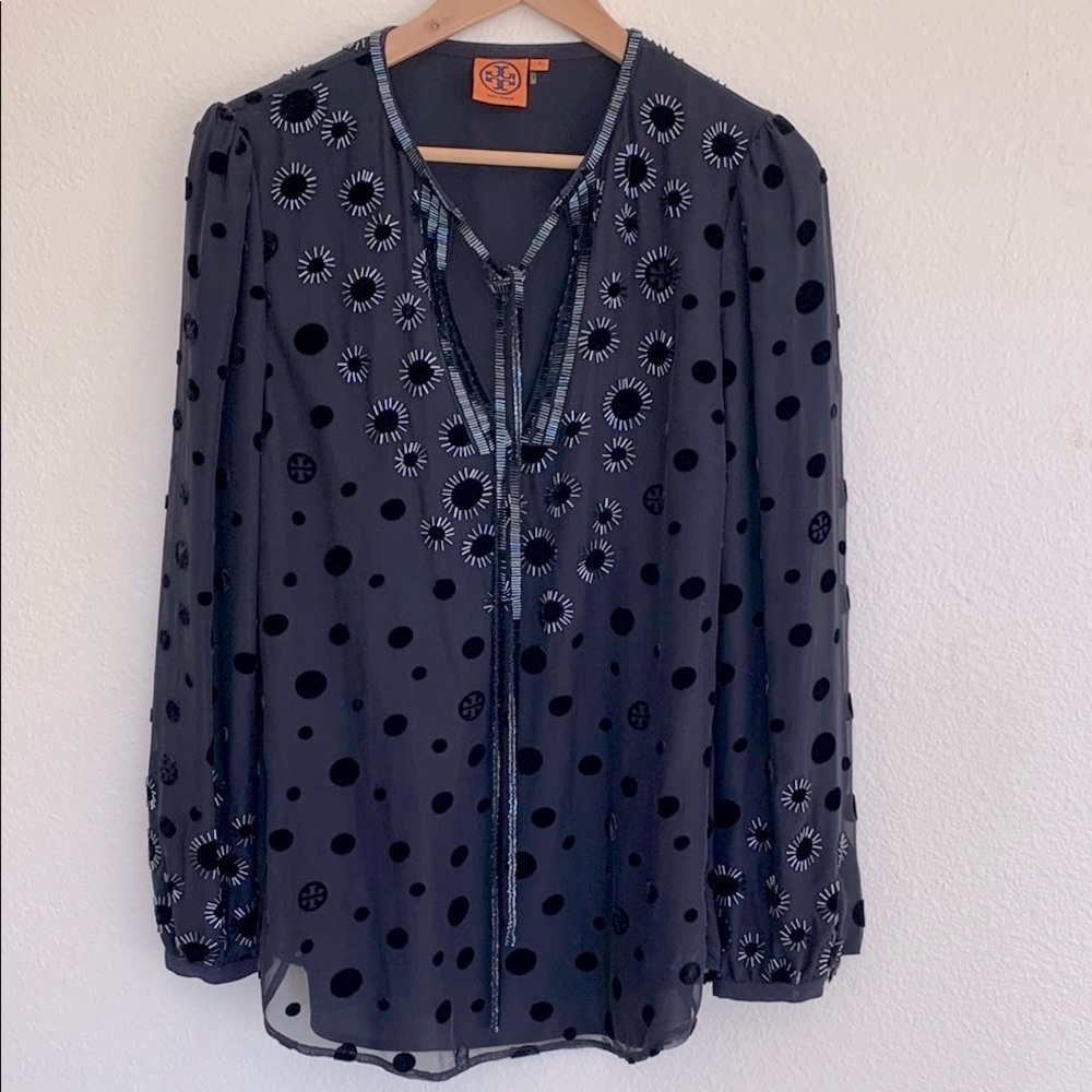 Tory Burch Angela Silk Beaded Top Tunic Black Velvet Dots Embellished Size 6